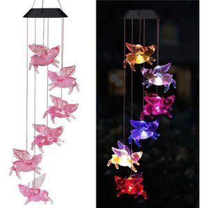 Solar Flying Pigs Wind Chimes Outdoor - Waterproof Powered LED Changing Color
